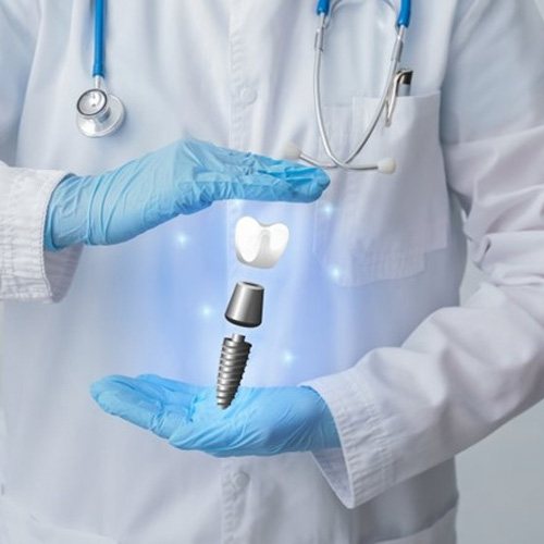 a dentist holding an imaginary dental implant